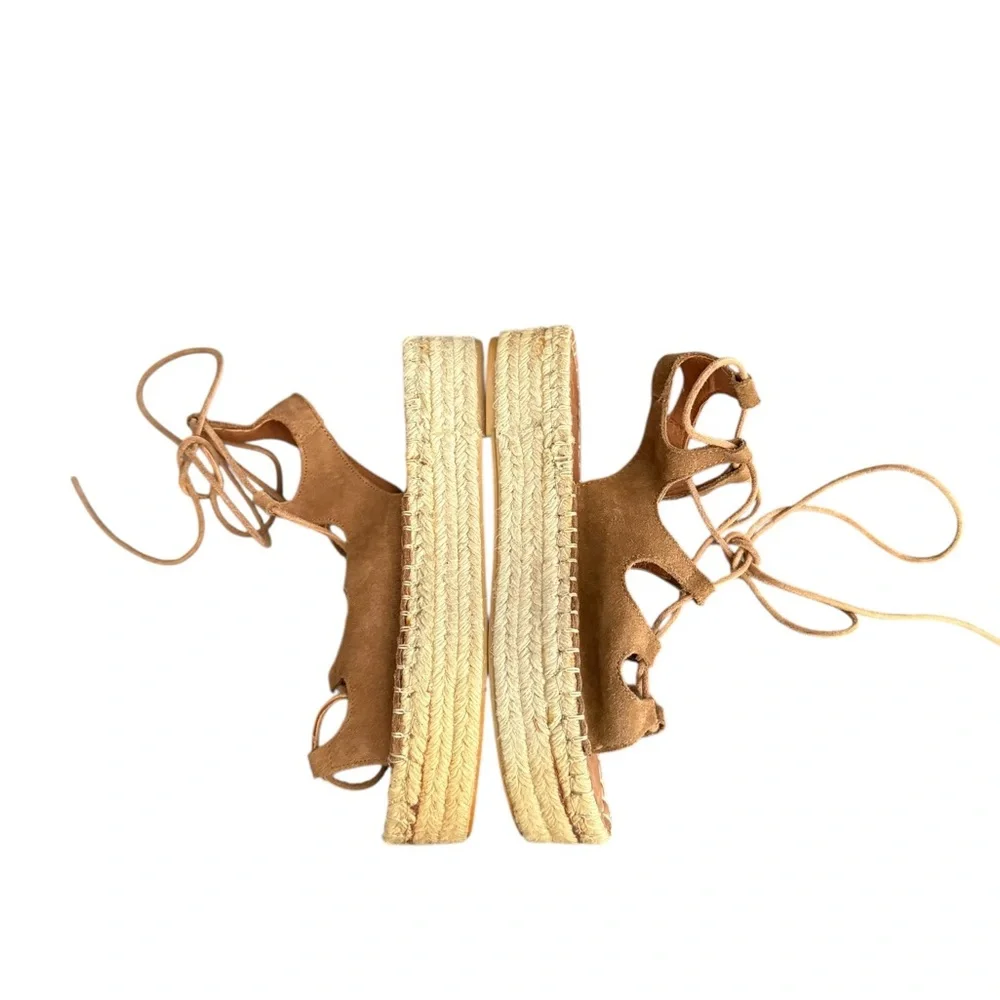 ALOHA’S Tan Camel Gladiator Leather Platform Lace-Up Wrap Espadrille Sandals